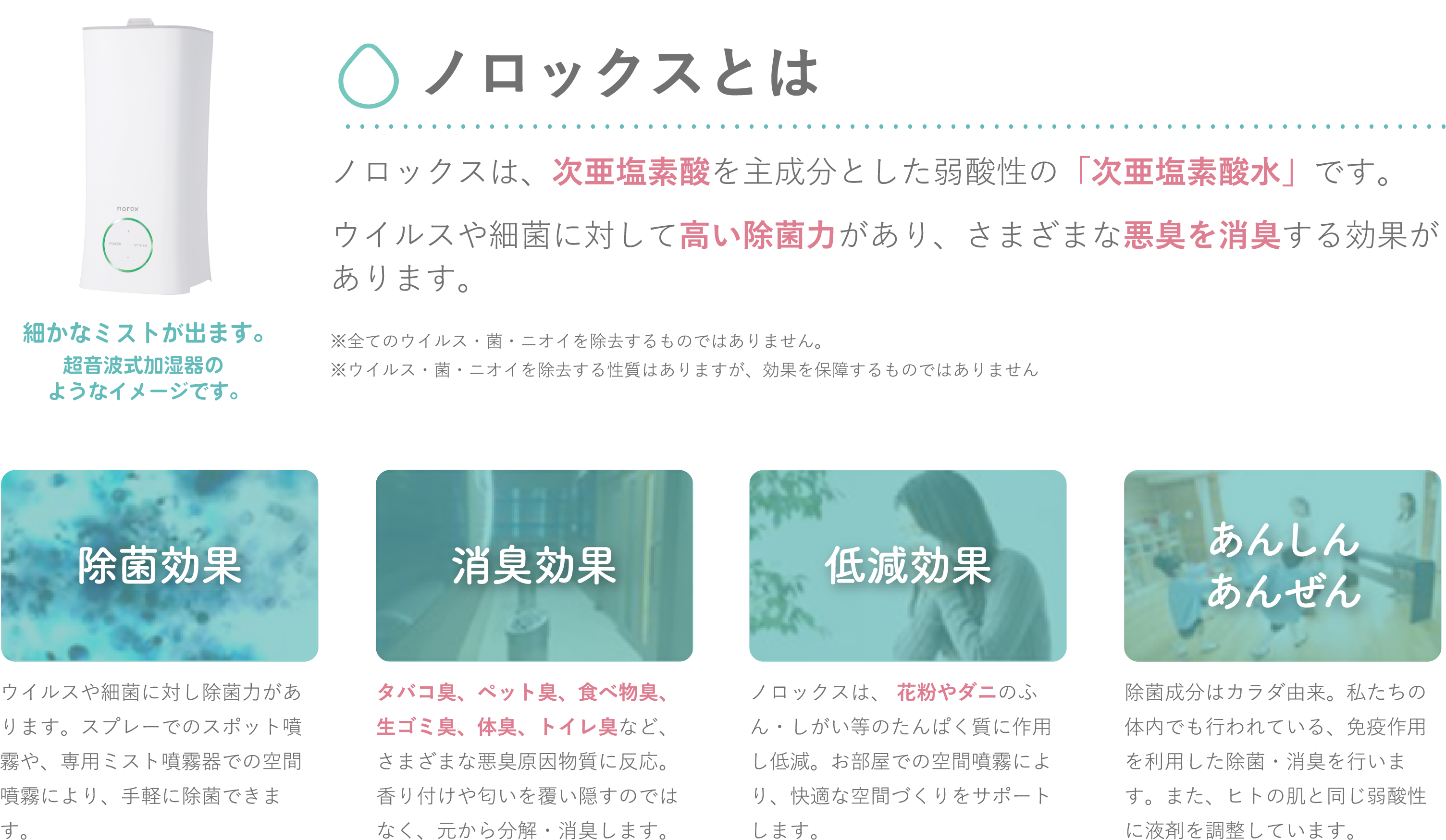 ノロックスとは ノロックスは、次亜塩素酸を主成分とした弱酸性の「次亜塩素酸水」です。ウイルスや細菌に対して高い除菌力があり、さまざまな悪臭を消臭する効果があります。