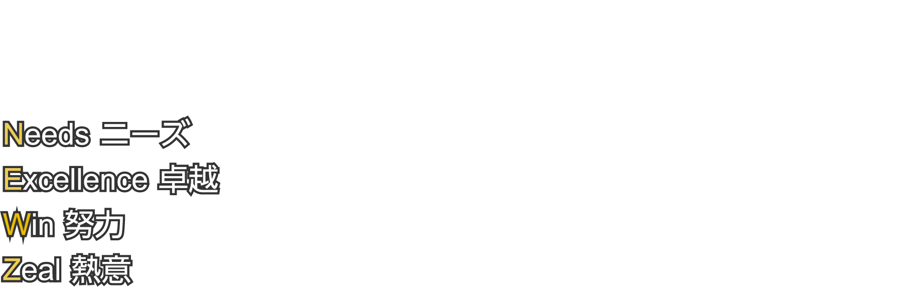 株式会社Newzは卓越したサービス・努力・熱意でお客様のニーズに応えます。Needs ニーズ, Excellence 卓越, Win 努力, Zeal 熱意